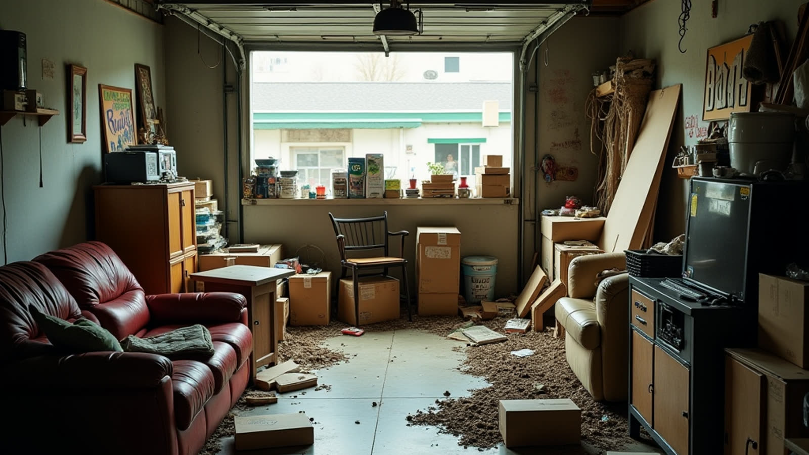 Cluttered garage before junk removal in Austin